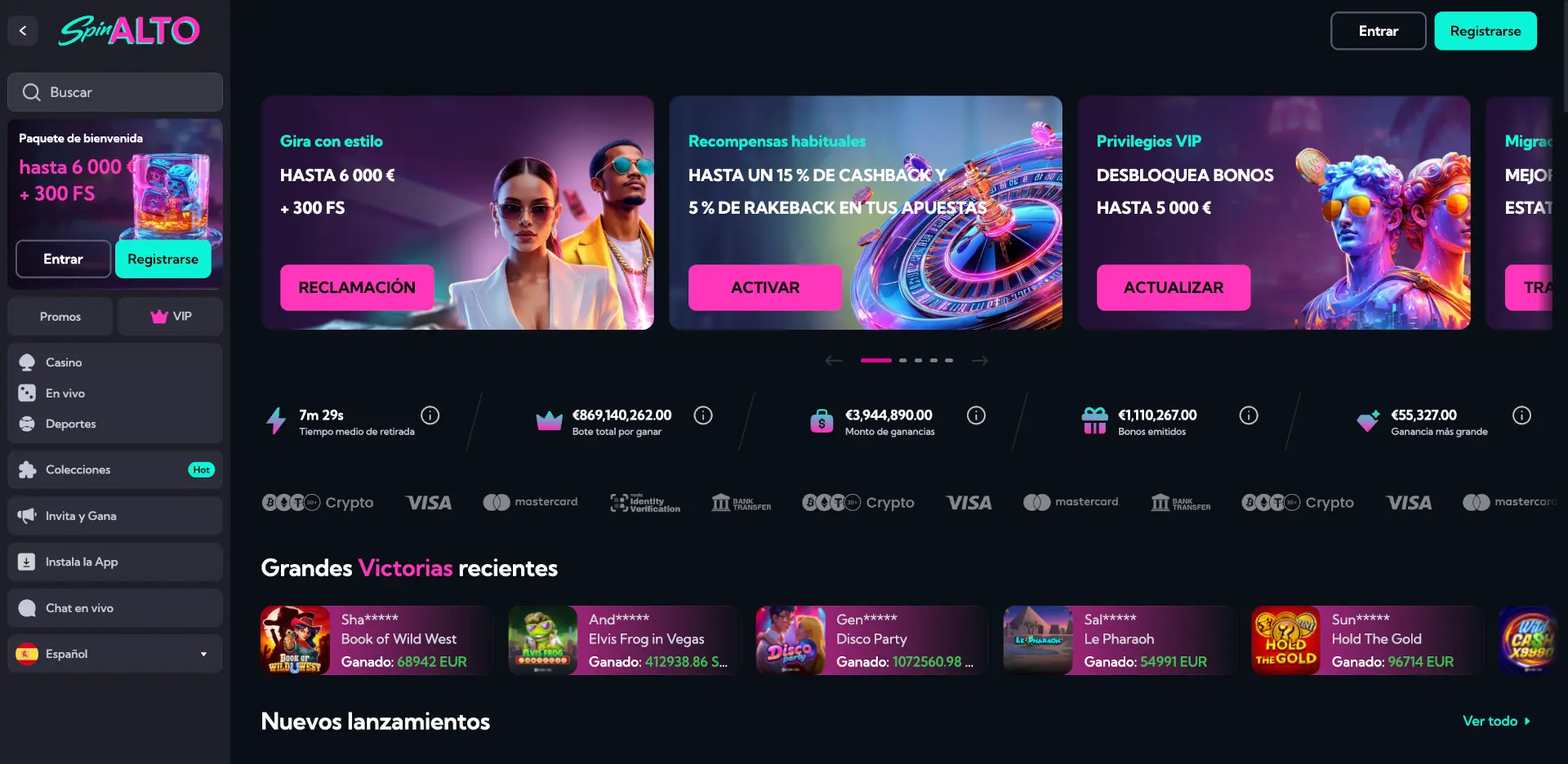 Portada en español de Spinalto Casino con el paquete de bienvenida de hasta 6.000€