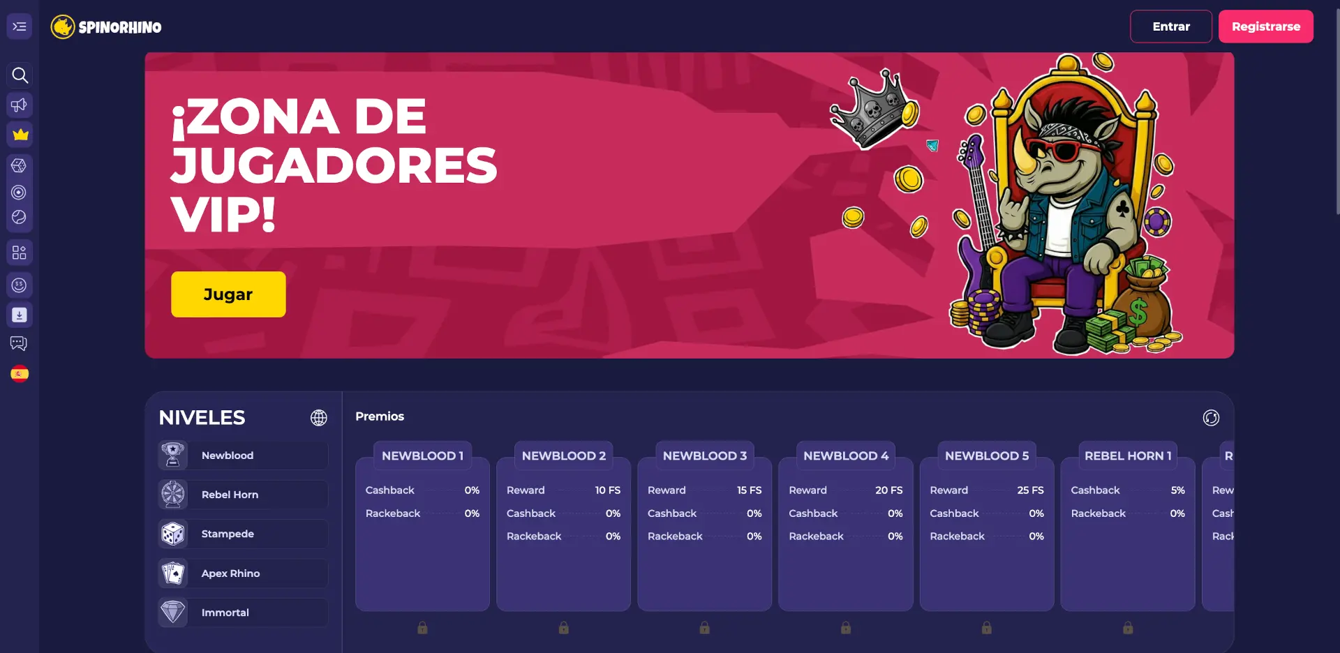 Zona de jugadores VIP de Spinorhino con los cinco rangos y sus premios