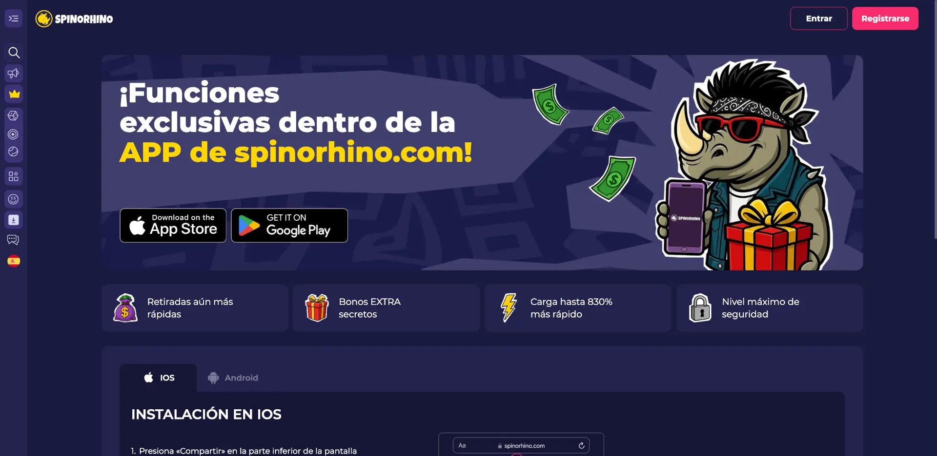 Página de instalación de la aplicación de Spinorhino para iOS y Android