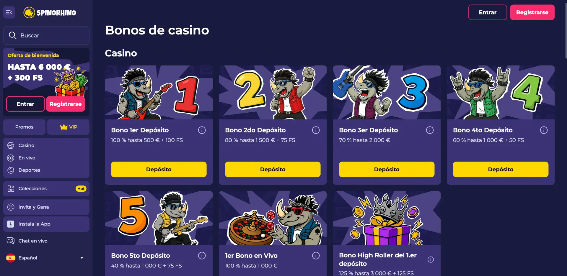 Bonos de casino de Spinorhino con los cinco depósitos de bienvenida