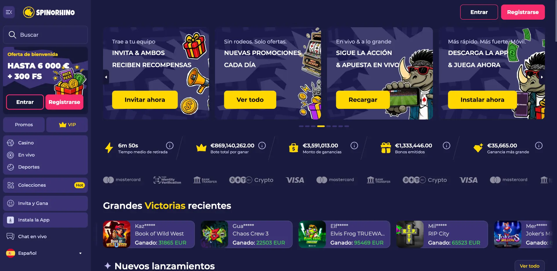 Portada en español de Spinorhino Casino con la oferta de bienvenida de hasta 6.000€