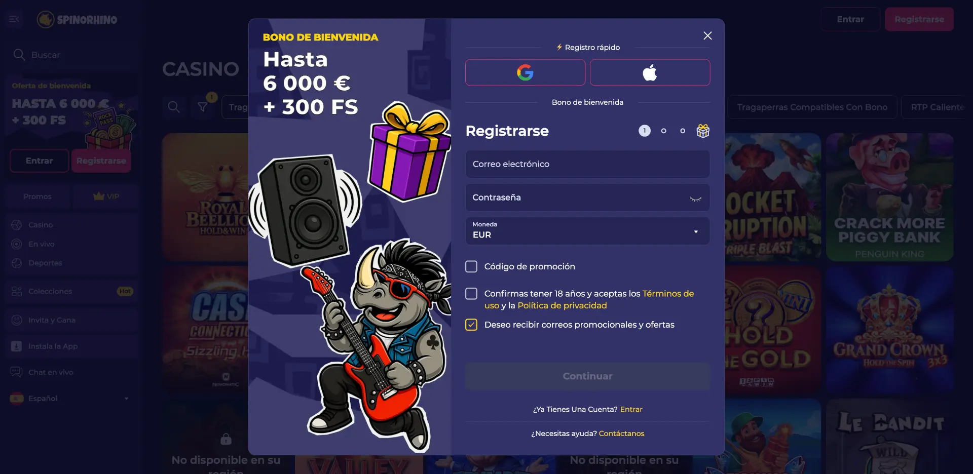 Formulario de registro de Spinorhino con la oferta de bienvenida de 6.000€